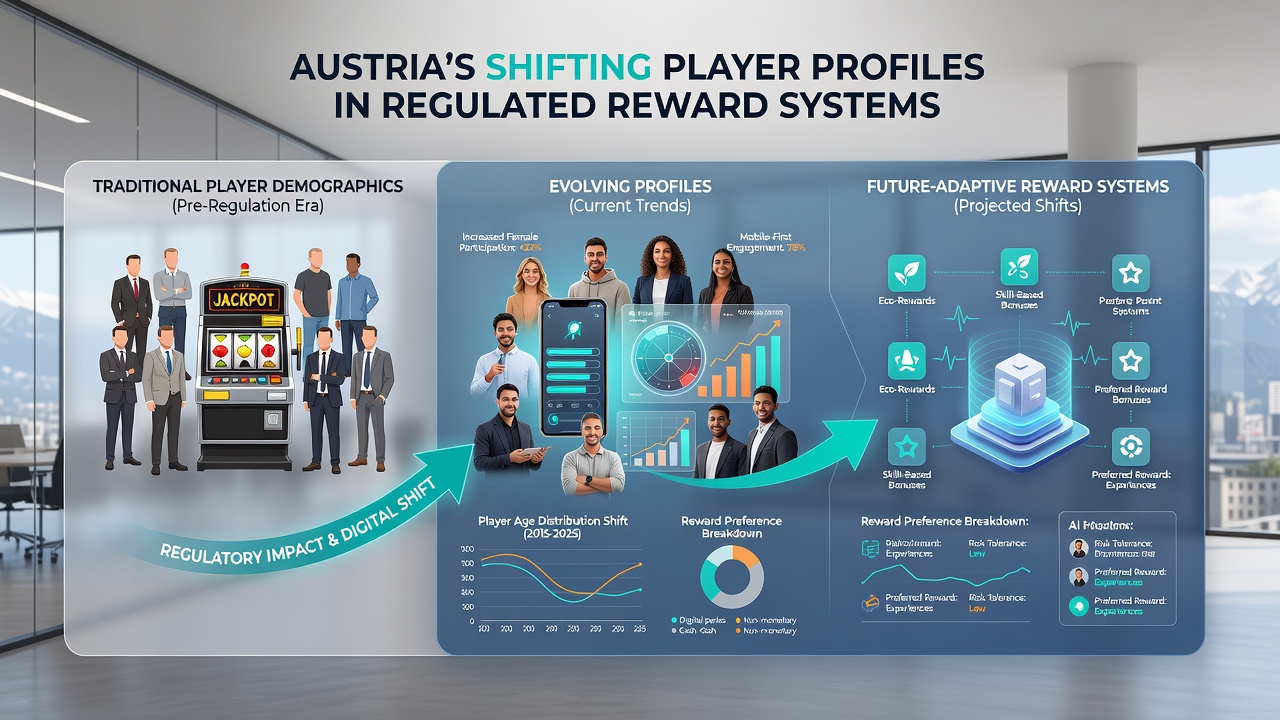 Infographic illustrating player age distribution and reward engagement trends across Austrian regions